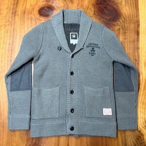 G-Star Raw Mens Sweater L Lava Cardigan Elbow Patch Button Shawl collar T3-28